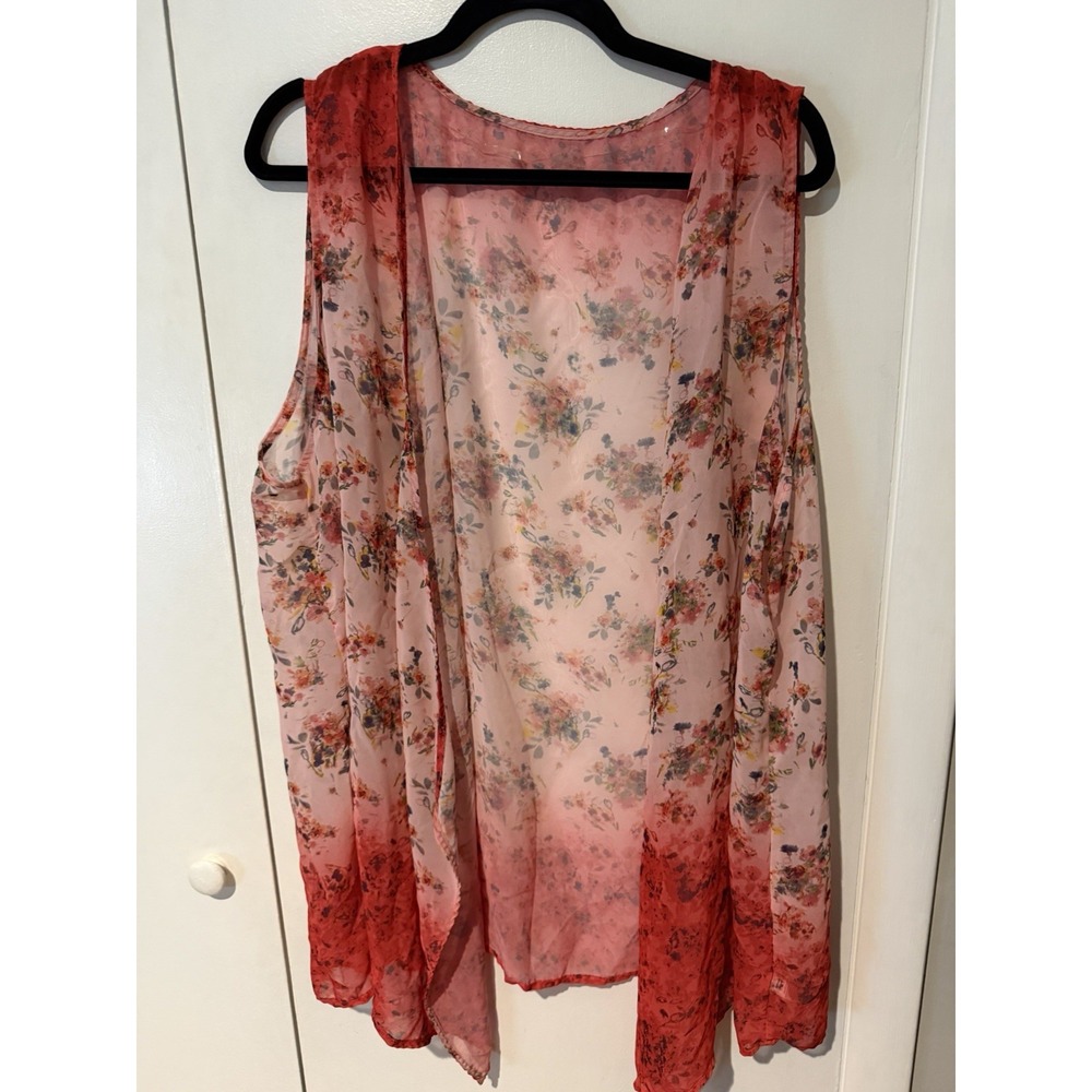 TIME AND TRU Floral Coral Fire Chiffon Sheer Vest Cover Up Size 1X Womens